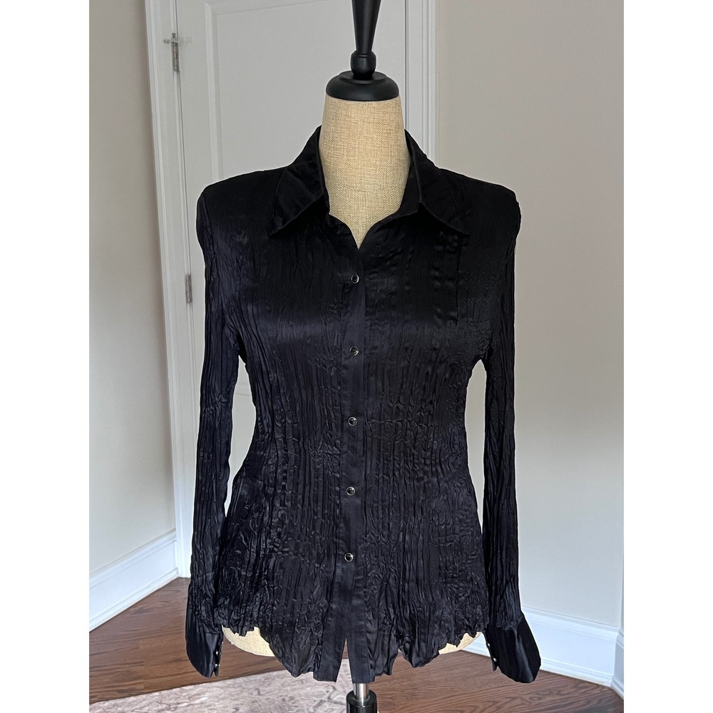 Orna Farho Silk Crinkle Blouse Black Made in France Long Sleeve Shirt Whimsigoth